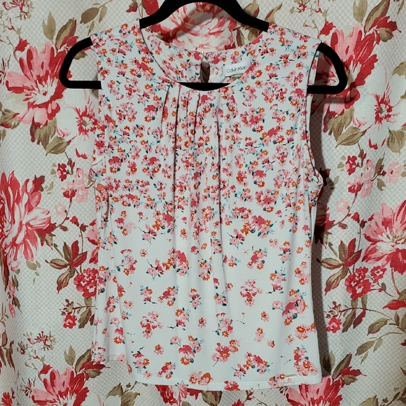 Calvin Klein Tops - Calvin Klein Floral Sleeveless Blouse - White and Red Medium